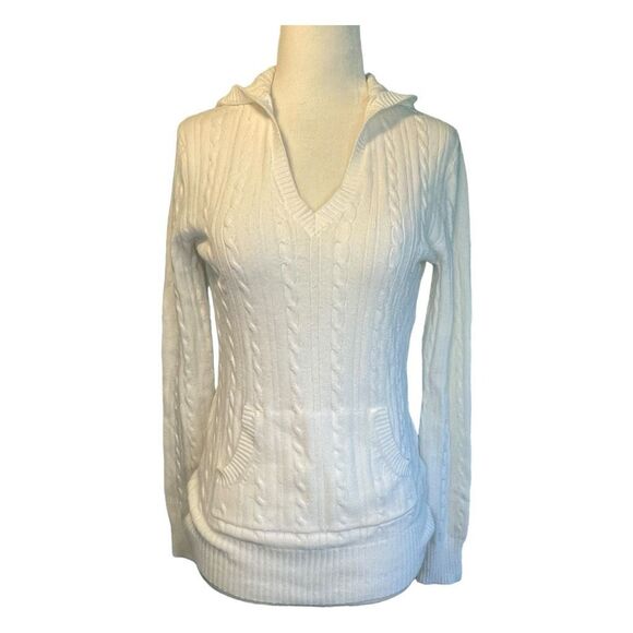Vintage Merona Hooded Cable Knit Sweater White Cotton Long Sleeve Kanga Pocket X - Picture 1 of 8
